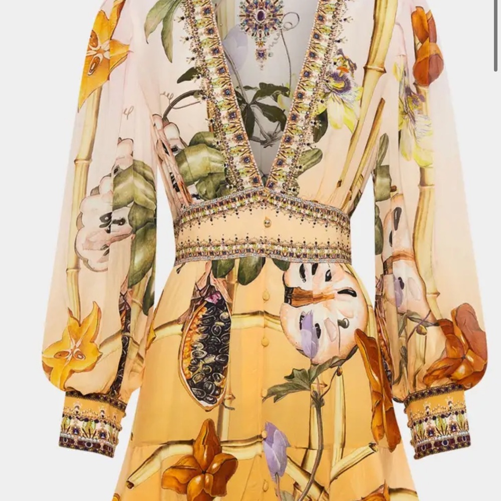 Camilla blouson sleeve button front silk mini dres